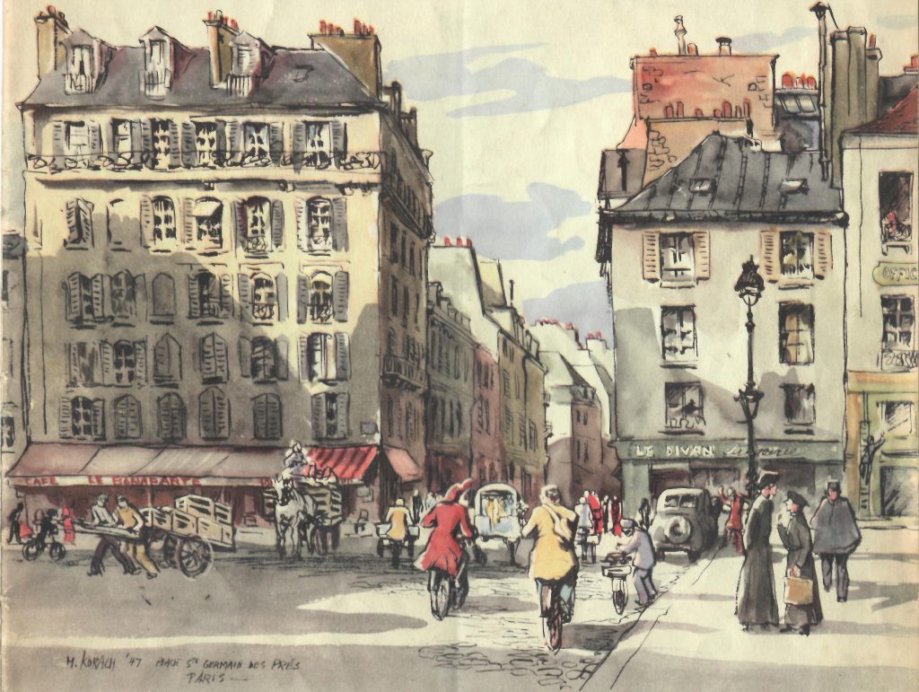 Cover illustration of Jan 1948 The Lamp, Mimi Korach; Place Ste Germaine Des Pres, Paris